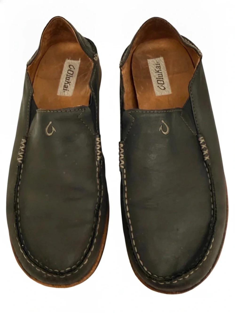OluKai Men’s Moloa Slip-On Leather Loafers in Dark Brown, Size 11